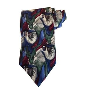 J. Garcia Silk Print Neck Tie Gray Blue Burgundy Hunter Green Abstract